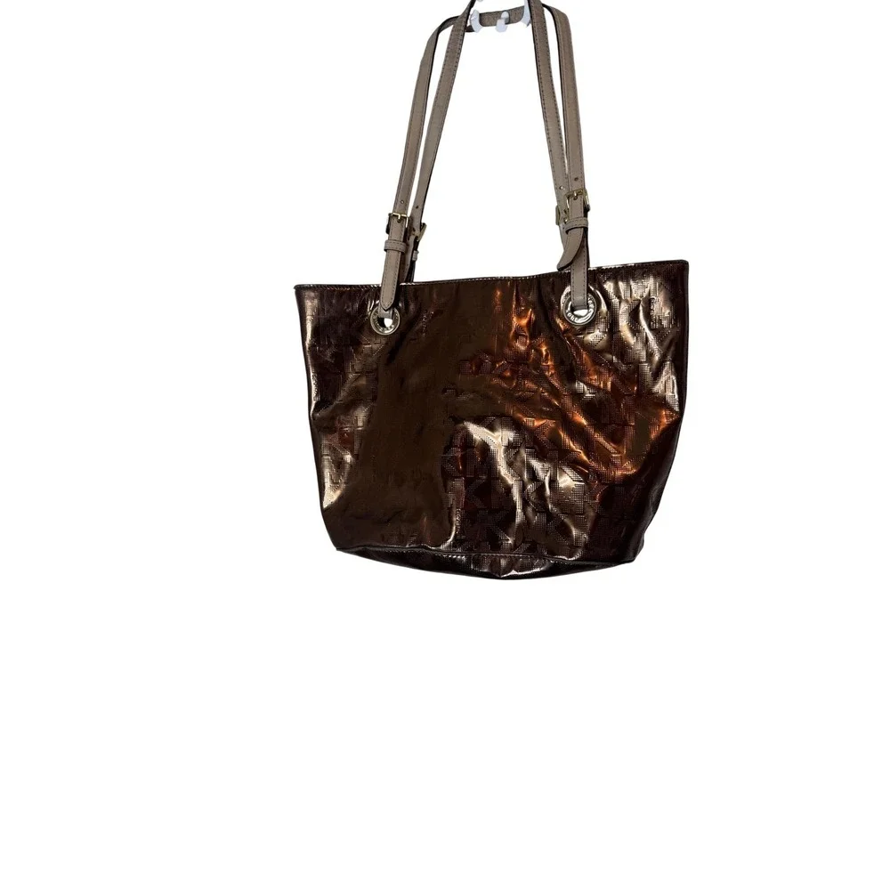 Michael Kors Tote Bag Womens Medium Brown PVC Leather Monogram Shoulder Purse‎